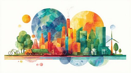 Fototapeta premium Corporate social responsibility illustration flat design front view sustainability theme water color vivid.
