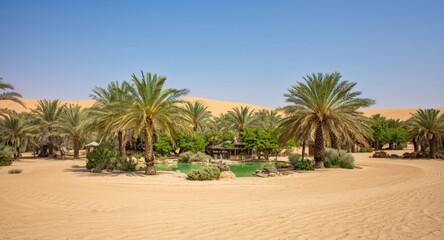 Obraz premium Dry desert environment centered on a lush oasis with palm trees