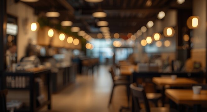 Blurred cinematic bokeh background in a coffee shop corridor suitable for design use