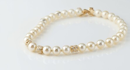 Obraz premium Elegant cream colored pearl necklace with diamond and yellow gold clasp presented on white backdrop