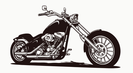 Fototapeta premium A black and white illustration of a chopper motorcycle viewed from the left side, showcasing its sleek design and details