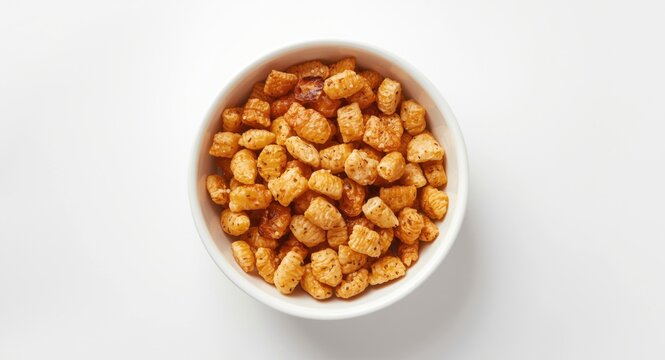 Bright bowl containing a medley of farsan snack items on a crisp white backdrop