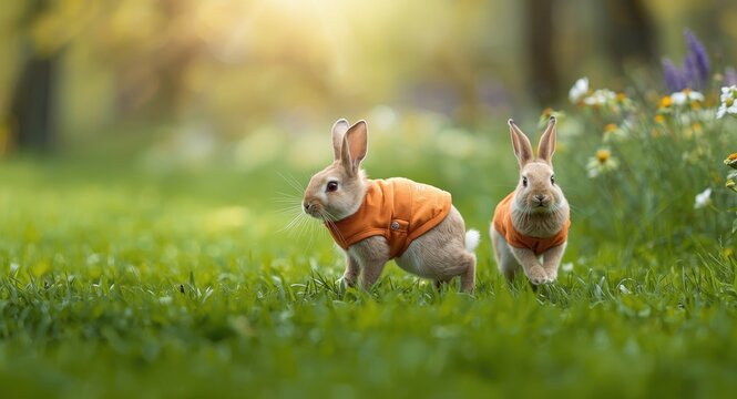 cute rabbits clad in orange jackets frolicking on fresh green grass