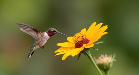 Obraz premium Colorful hummingbird in flight near a vibrant yellow flower on a sunny day