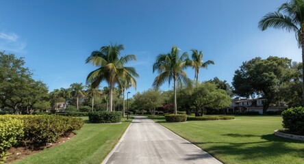 Fototapeta premium Country club trail extending to a large park with open spaces, palms, and tropical plants set against a clear blue sky