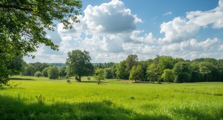 Obraz premium Backdrop of peaceful summer landscape with green grass fields, leafy trees, and white clouds