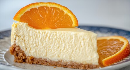 Fototapeta premium Close up photo of a creamy cheesecake slice garnished with fresh mandarin orange segments