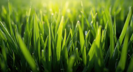 Obraz premium Close up of bright green grass blades with minimal roughness under soft light