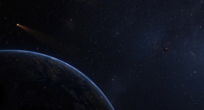 Comets and asteroids approaching Earth with starry sky background