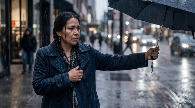 A woman navigating a rainy city street. She holds an umbrella, looking determined amid the urban environment. Capturing the essence of resilience and urban life under pressure.