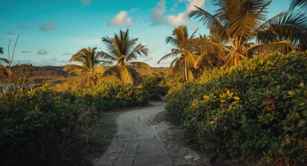 Obraz premium Tropical island trail winding through lush green landscape on a sunny day