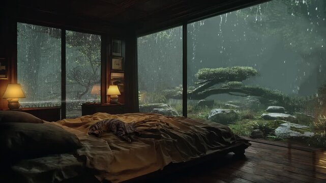 Luxury wooden cabin bedroom with panoramic rain forest view, cat stretching on cozy bed.
