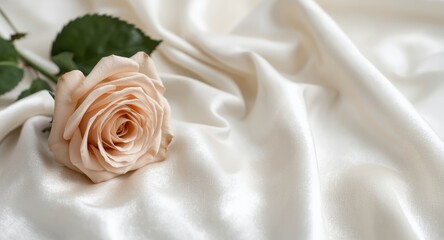 Naklejka premium Beige rose displayed on softly draped white silk fabric providing copy space