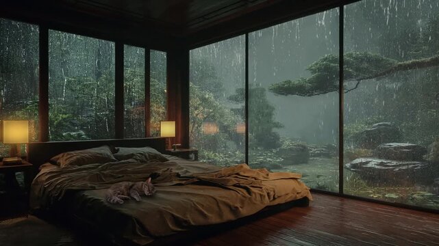 Luxury master bedroom with floor-to-ceiling windows, heavy rain in forest garden and a sleeping cat.