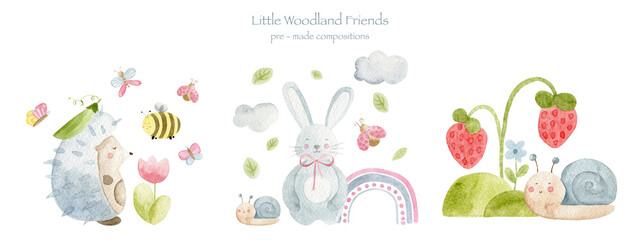 Watercolor woodland nursery animals pre-made compositions with bunny hedgehog snail and strawberries © SophieMyWatercolor