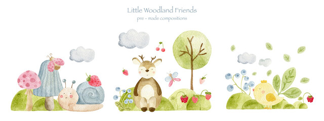 Watercolor woodland animals pre-made compositions with deer snail bird mushrooms and forest plants © SophieMyWatercolor