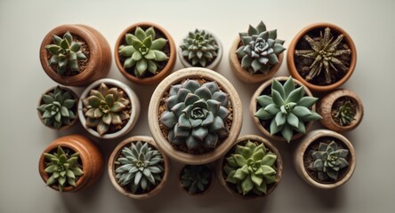 Fototapeta premium Top-down view showing a selection of potted succulents and cacti in ceramic containers