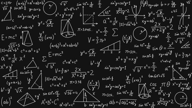 Seamless loop of handwritten mathematical formulas and physics equations on chalkboard. For educational intros, science documentaries, background for online learning platforms, and STEM-related video 