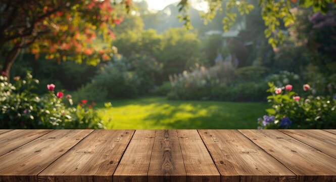 Morning garden background with wood table top creating copy space for product visuals