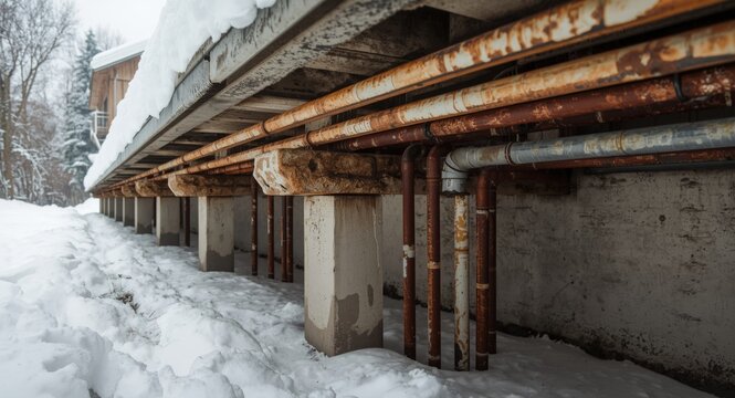 Corroded elevated heating pipes under snow with torn insulation showing winter heat inefficiency