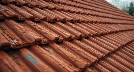 Close look at new plain red clay roof tiles and lead flashing detailing on a sloped rooftop