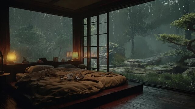 Cinematic cozy bedroom with sleeping cat on bed, heavy rain falling in the forest garden through panoramic windows.