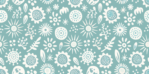 Obraz premium A seamless pattern of stylized white flowers and leaves on teal