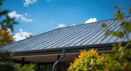 Fototapeta premium Modern metal roof with gutter system and protective leaf guard over veranda under clear blue sky and lush greenery