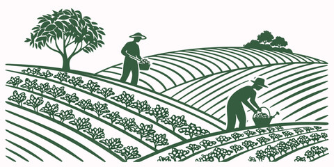 Two people working diligently in a vast field of crops, preparing the land for planting. Vector © zalal