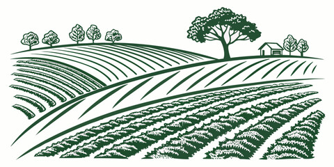 A serene landscape of rolling hills and scattered trees under a clear sky. Vector © zalal