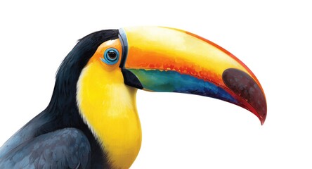 Fototapeta premium Detailed tropical toucan watercolor painting focusing on natural colors on white