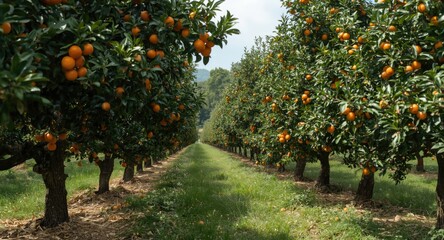 Fototapeta premium Abundant orange trees loaded with fruit and copy space for writing
