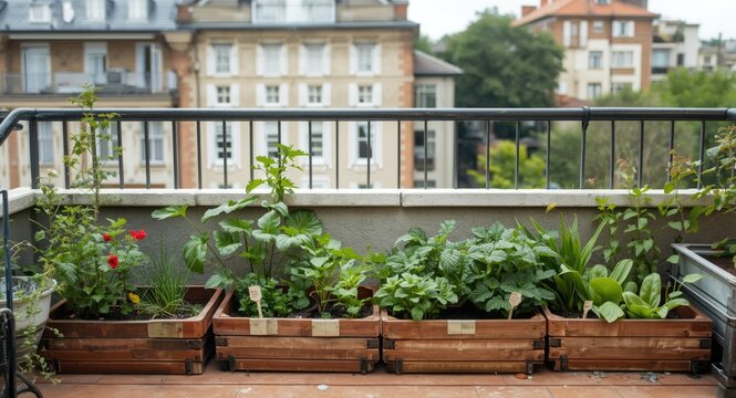 Balcony and terrace gardening with labeled vegetable boxes