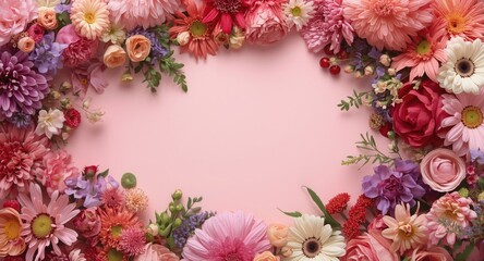 Obraz premium A richly detailed floral display featuring diverse colorful blooms on a light pink backdrop