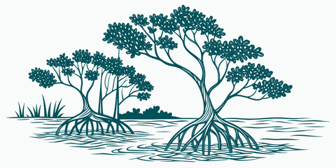 A serene landscape featuring a group of tall, lush trees with intricate foliage. Vector © zalal