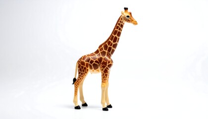 Fototapeta premium Toy giraffe standing tall on a white surface, detailed with brown spots and a long neck