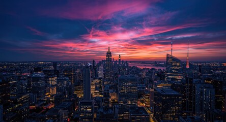 Obraz premium Cityscape glowing at night with vibrant hues in the sky above