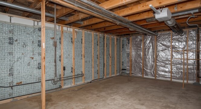Basement crawl space energy improvement with thermal blankets, dimple board encapsulation and radon mitigation piping