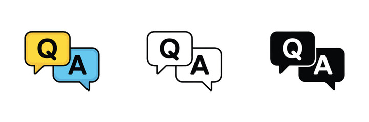 Question and answer icon, FAQ line symbol, Q&A letters, thin black outline, solid style, blue and yellow speech bubble, flat vector illustration