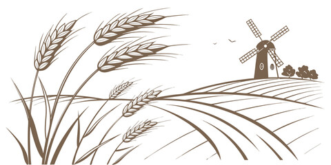 Naklejka premium A serene landscape with a windmill and tall grass under a clear blue sky Vector