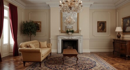 Naklejka premium Elegant vintage living room with a sofa, mirror above the fireplace, and glittering chandelier