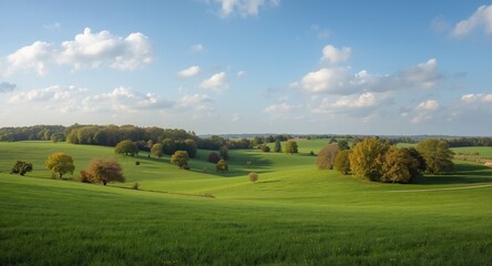 Backdrop scenery of rolling green fields and summer trees with white clouds in a clear sky