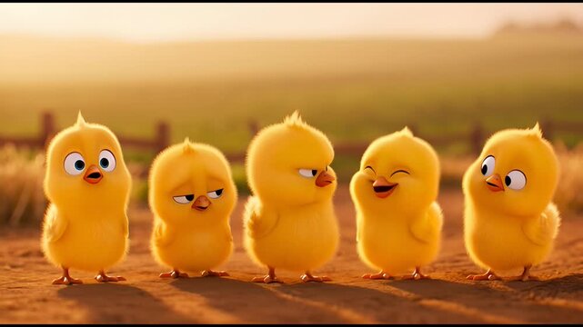 Adorable animated yellow chicks standing together on farm land in sunny weather displaying different emotions and expressions in a row