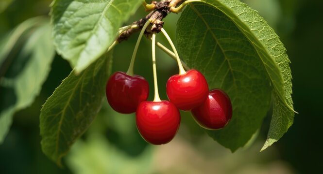 Bright red cherries ripening on a leafy branch in a sunny garden early summer harvest