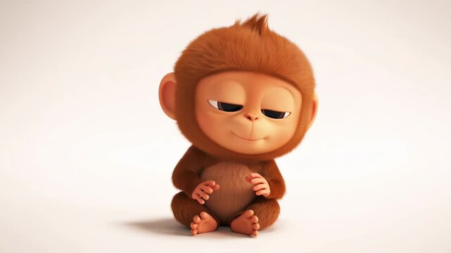 3d animated baby monkey character sitting quietly on a clean white background rendered with cartoonish style for childrens videos and education