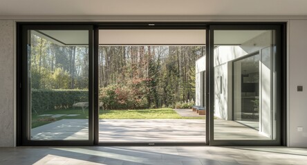 Fototapeta premium Elegant sliding glass doors in modern design highlighting transparency and abundant natural illumination