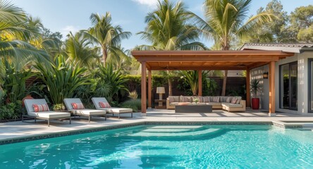 Fototapeta premium Trendy modern backyard with bright pool and comfortable covered seating zone