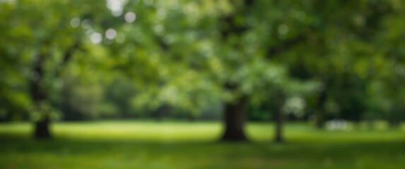 Fototapeta premium Blurred green bokeh combined with lush garden trees in an open outdoor park