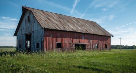 Obraz premium Crumbling farm barn with peeling corrugated metal siding and overgrown grass