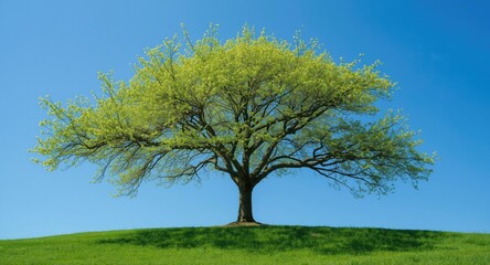 Fototapeta premium Clear blue spring sky backdrop for walnut tree showcasing delicate yellow flowers and green foliage